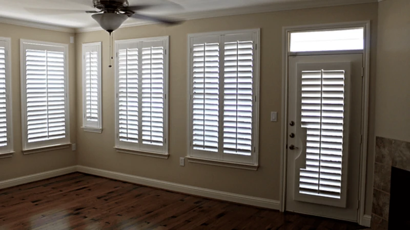 White plantation shutters across multiple windows and a door