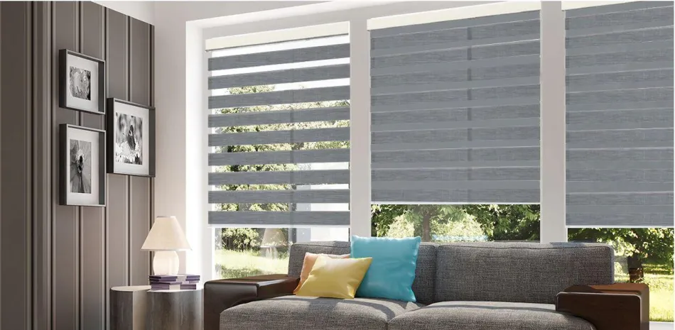 Gray zebra shades in a contemporary living room